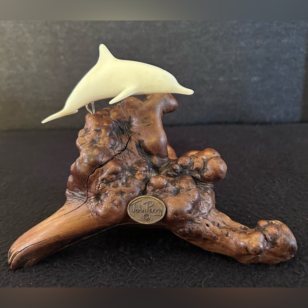 White Dolphin Pellucida JOHN PERRY Sculpture on Manzanita Burlwood Base Vintage